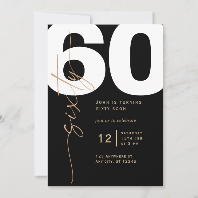 Invitación elegante de cumpleaños número 60 en dor (Anverso)