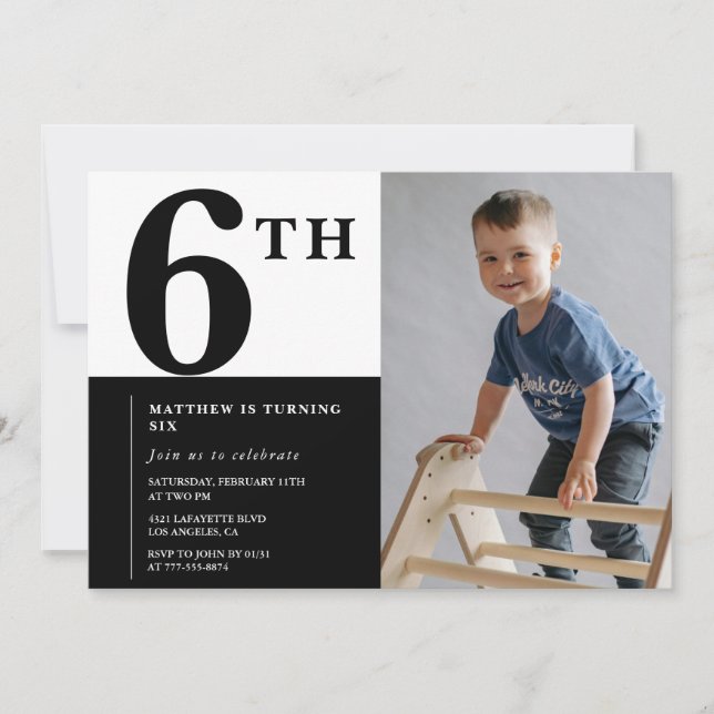 Invitación elegante de cumpleaños número 6 Black C (Anverso)