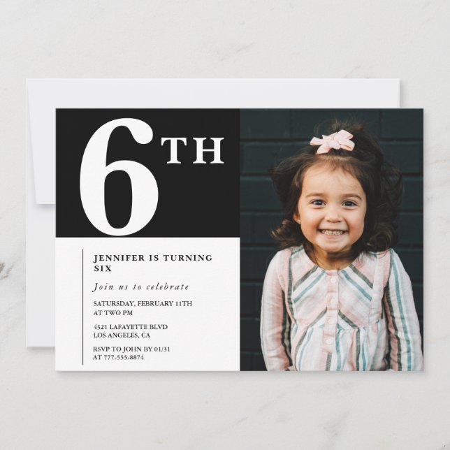 Invitación elegante de cumpleaños número 6 Black C (Anverso)