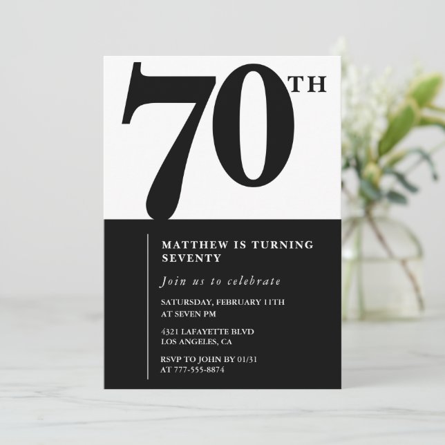 Invitación elegante de cumpleaños número 70 Black  (Anverso de pie)
