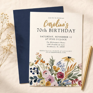Invitación elegante de cumpleaños número 70 con fl