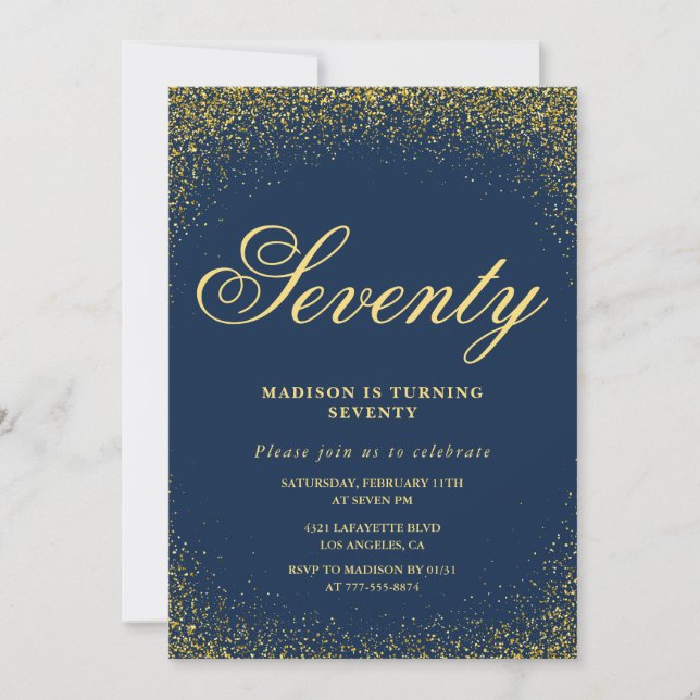 Invitación elegante de cumpleaños número 70 Gold N (Anverso)