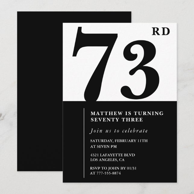 Invitación elegante de cumpleaños número 73 en neg (Anverso / Reverso)