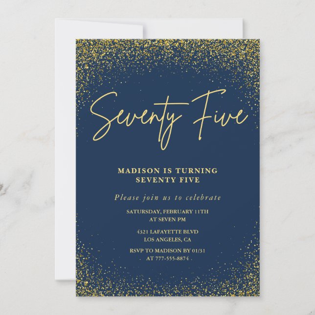 Invitación elegante de cumpleaños número 75 dorado (Anverso)