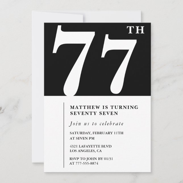 Invitación elegante de cumpleaños número 77 en bla (Anverso)