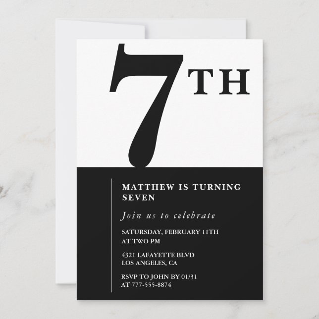 Invitación elegante de cumpleaños número 7 Black C (Anverso)