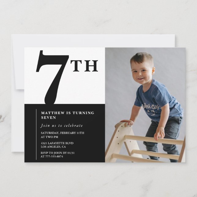 Invitación elegante de cumpleaños número 7 Black C (Anverso)