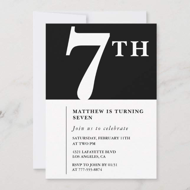 Invitación elegante de cumpleaños número 7 Chico N (Anverso)
