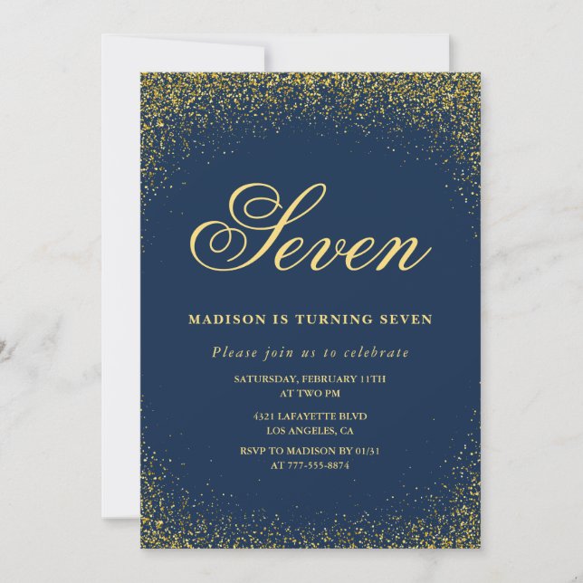 Invitación elegante de cumpleaños número 7 Gold Na (Anverso)