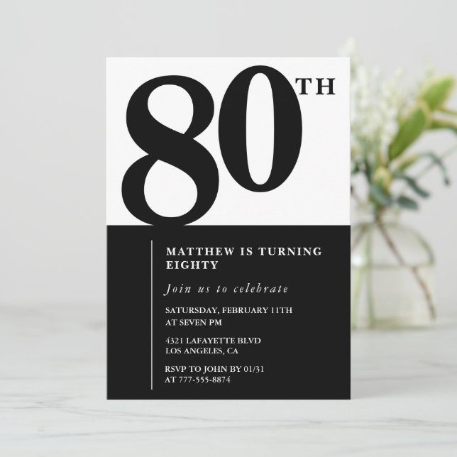 Invitación elegante de cumpleaños número 80 Black  (Anverso de pie)