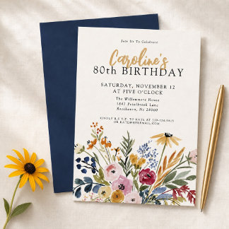 Invitación elegante de cumpleaños número 80 con fl
