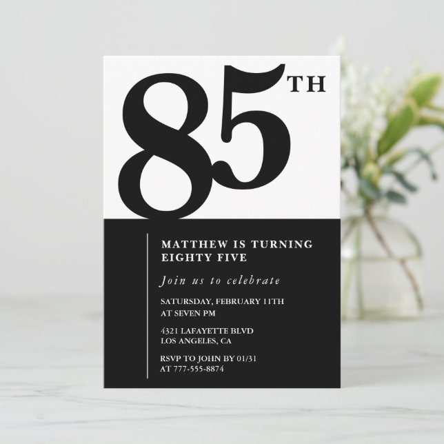 Invitación elegante de cumpleaños número 85 Black  (Anverso de pie)