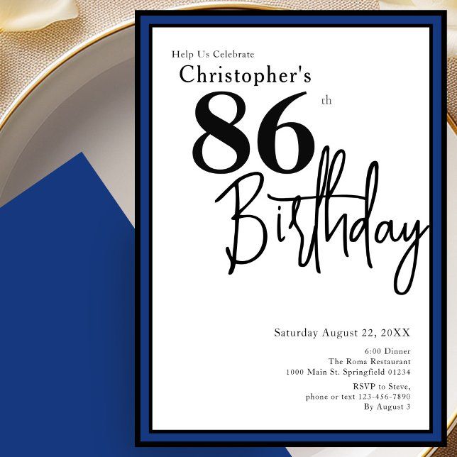Invitación elegante de cumpleaños número 86 en neg (Subido por el creador)