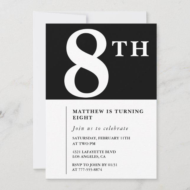 Invitación elegante de cumpleaños número 8 Chico N (Anverso)