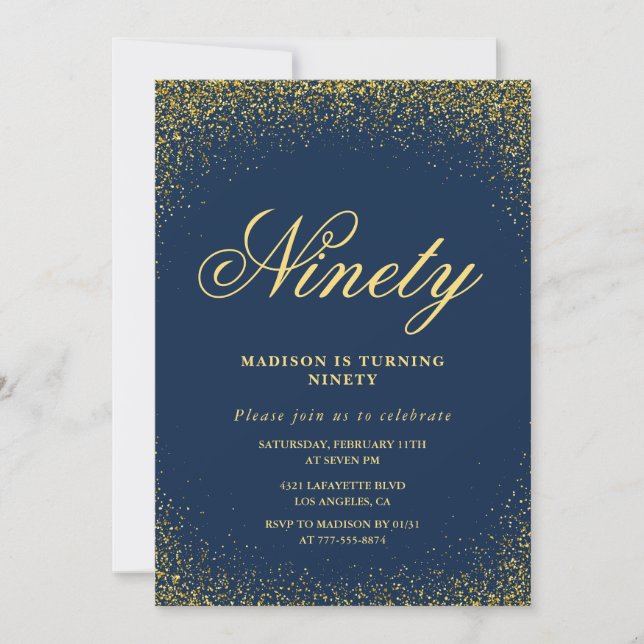 Invitación elegante de cumpleaños número 90 dorado (Anverso)