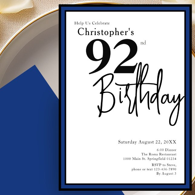 Invitación elegante de cumpleaños número 92 en neg (Subido por el creador)