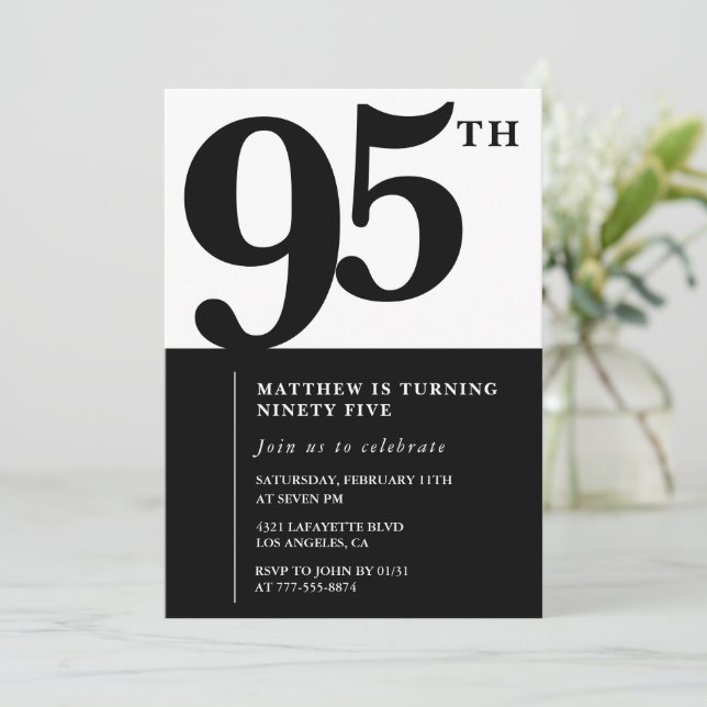Invitación elegante de cumpleaños número 95 Black  (Anverso de pie)