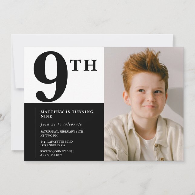 Invitación elegante de cumpleaños número 9 Black C (Anverso)