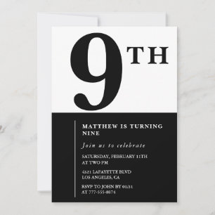 Invitación elegante de cumpleaños número 9 Negra C