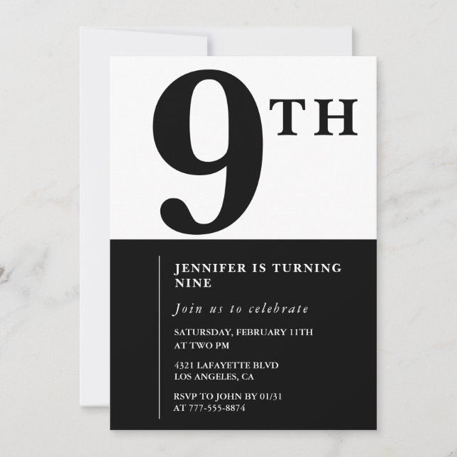 Invitación elegante de cumpleaños número 9 para ni (Anverso)