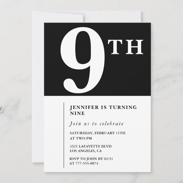 Invitación elegante de cumpleaños número 9 para ni (Anverso)