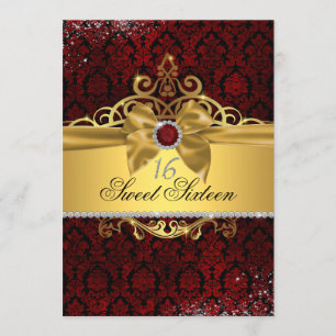 Invitación elegante de damasco rojo rubí dorado pa