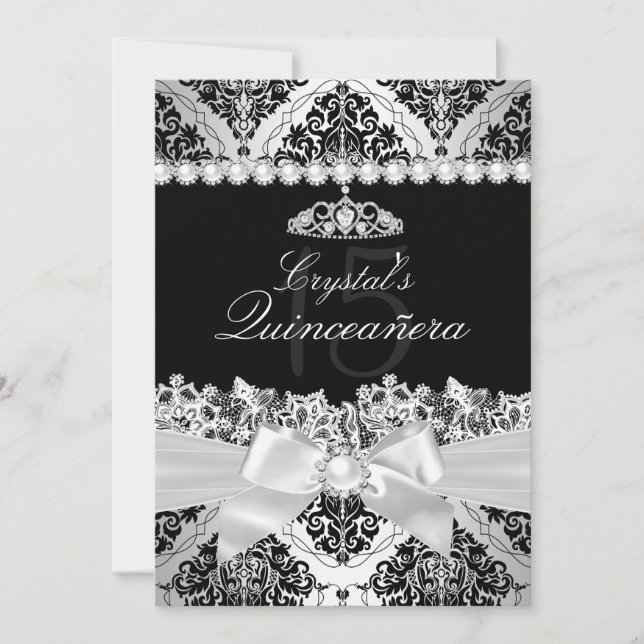 Invitación Elegante de Damasco y Lazo de Plata par (Anverso)