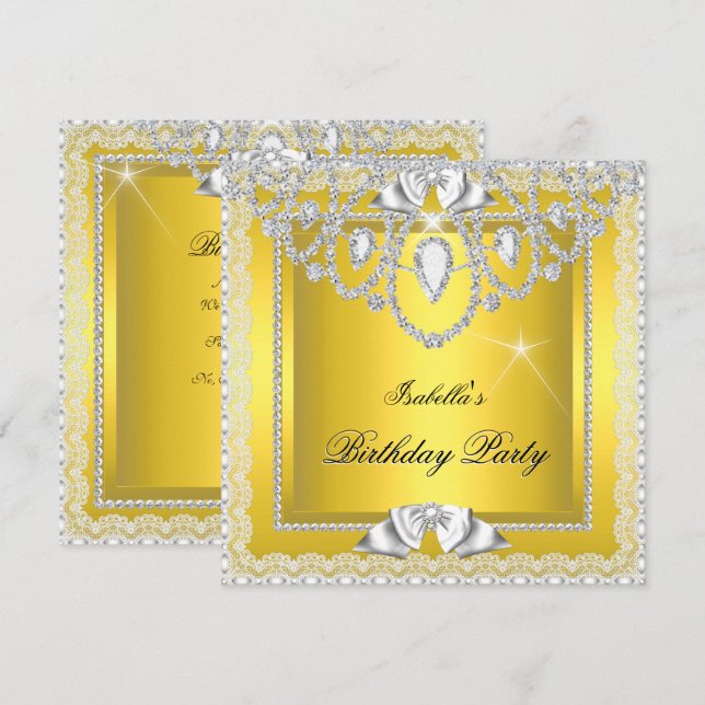 Invitación Elegante de encaje amarillo Diamantes Plata Fiesta (Anverso / Reverso)