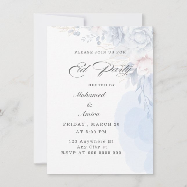 Invitación elegante de fiesta de Eid floral azul (Reverso)