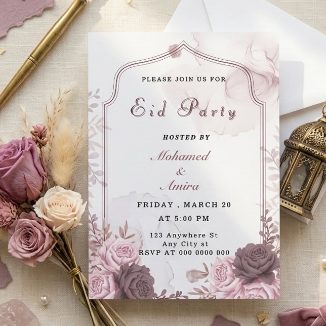 Invitación elegante de fiesta de Eid floral rosa (Subido por el creador)