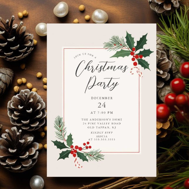 Invitación elegante de fiesta de Navidad con acebo (Subido por el creador)