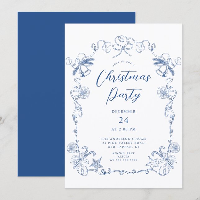 Invitación elegante de fiesta de Navidad en azul (Anverso / Reverso)