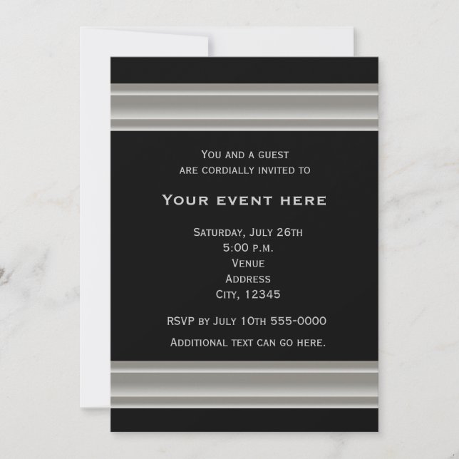 Invitación elegante de fiesta negra y plateada (Anverso)