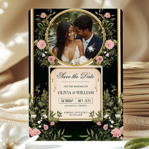 Invitación elegante de flores rosadas y doradas pa