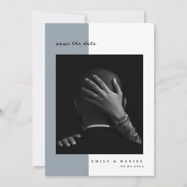 Invitación elegante de foto en azul polvoriento pa (Anverso)