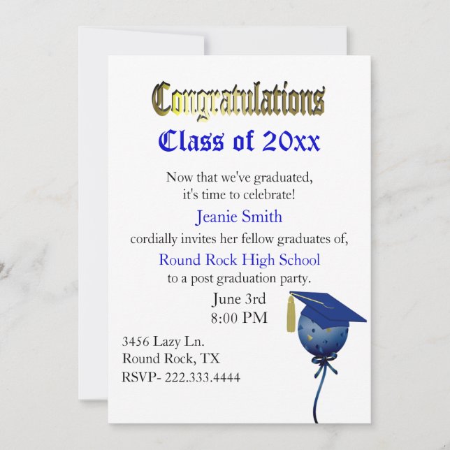 Invitación elegante de graduación en azul y blanco (Anverso)