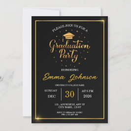 Invitación elegante de graduación en negro y dorad