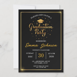Invitación elegante de graduación en negro y dorad