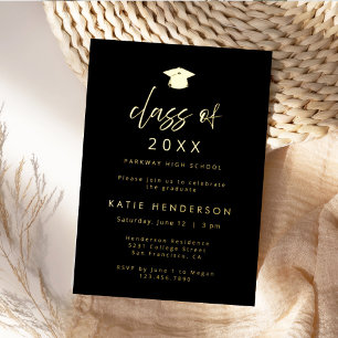 Invitación elegante de graduación en negro y dorad