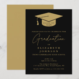 Invitación elegante de graduación en negro y dorad