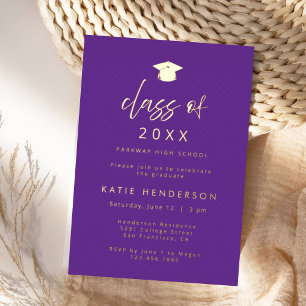 Invitación elegante de graduación en púrpura y dor