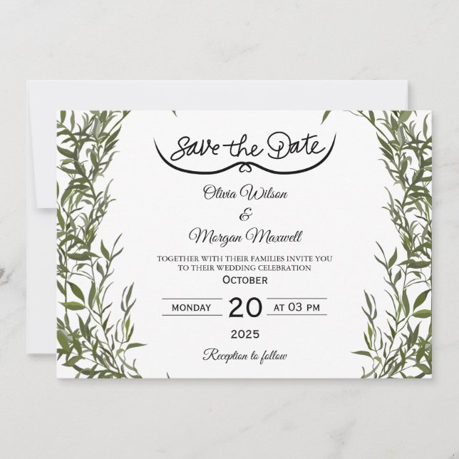 Invitación elegante de Greenery para salvar la fec (Anverso)