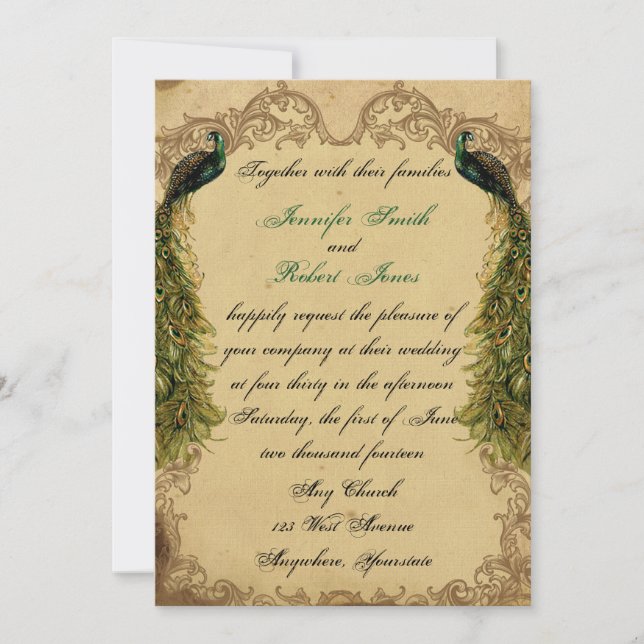 Invitación elegante de la boda del pavo real (Anverso)