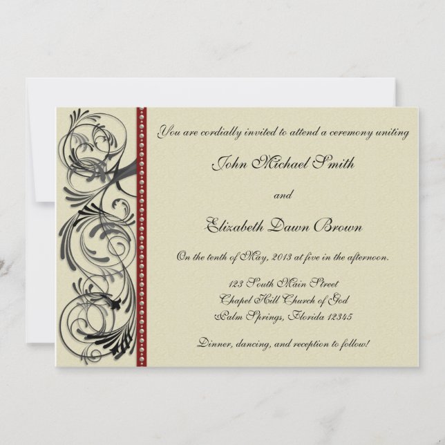 Invitación elegante de la boda: Negro, rojo, y de (Anverso)