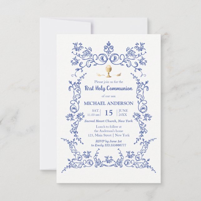 Invitación Elegante de la primera comunión de oro de la victo (Anverso)