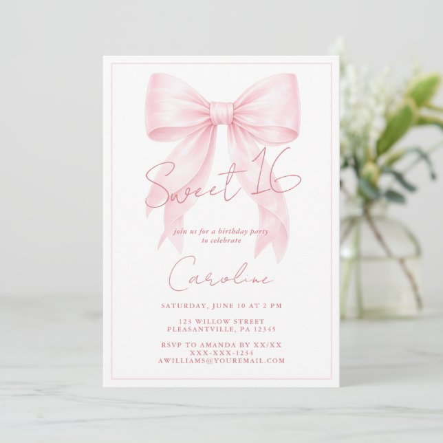 Invitación elegante de lazo rosa para Sweet 16 (Anverso de pie)