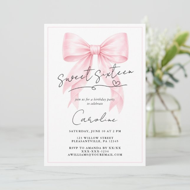 Invitación Elegante de Lazo Rosa para Sweet 16 (Anverso de pie)