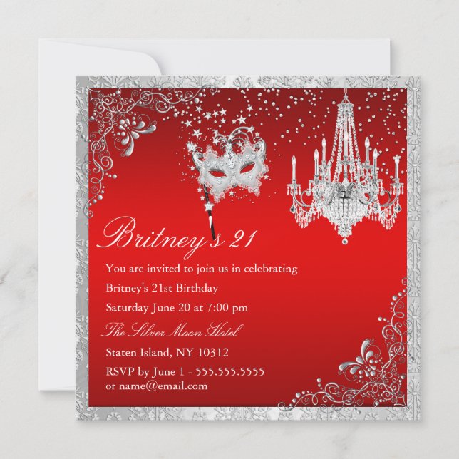Invitación elegante de máscara roja y plateada par (Anverso)