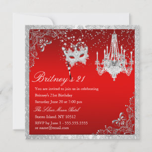 Invitación elegante de máscara roja y plateada par