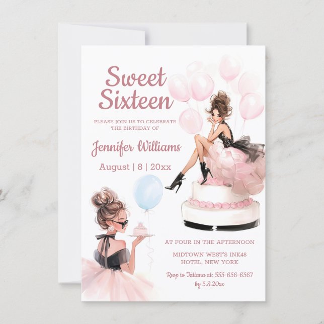 Invitación elegante de moda chica cumpleaños 16 dulces fiesta (Anverso)